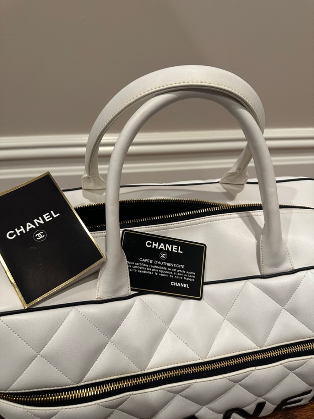 CHANEL White Quilted Logo Bowling Bag with Black Accents - Picture 4 of 8